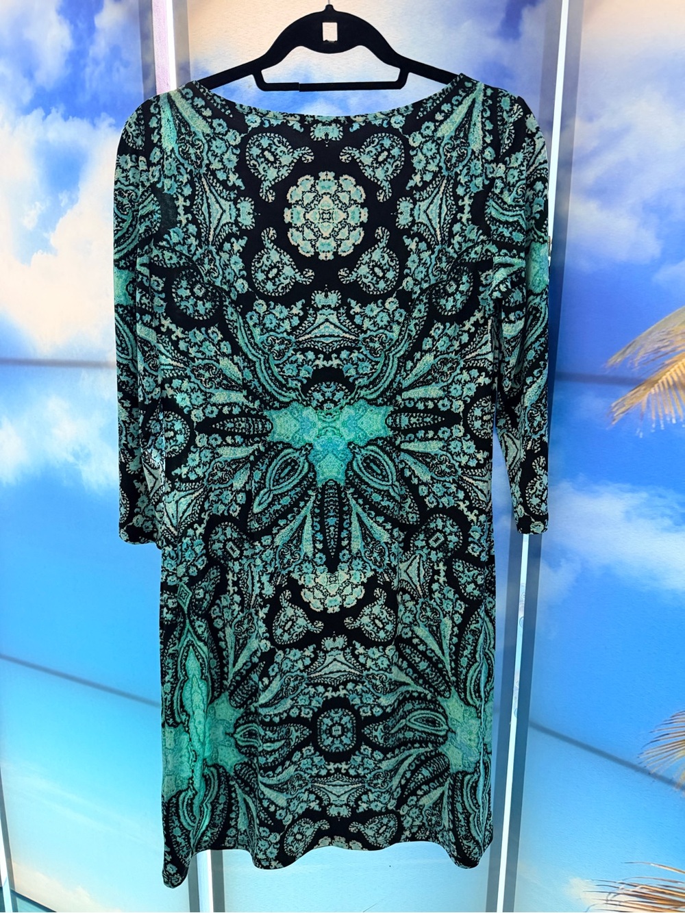 London Times Black and Teal Paisley-Print Long Sleeve Dress